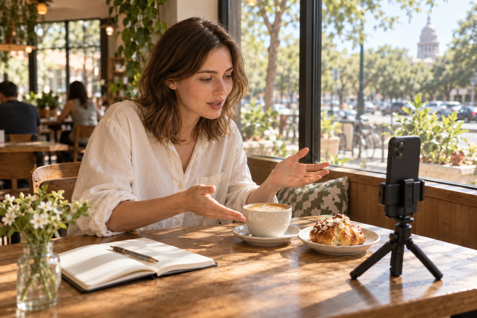 A creator filming a café review on her phone