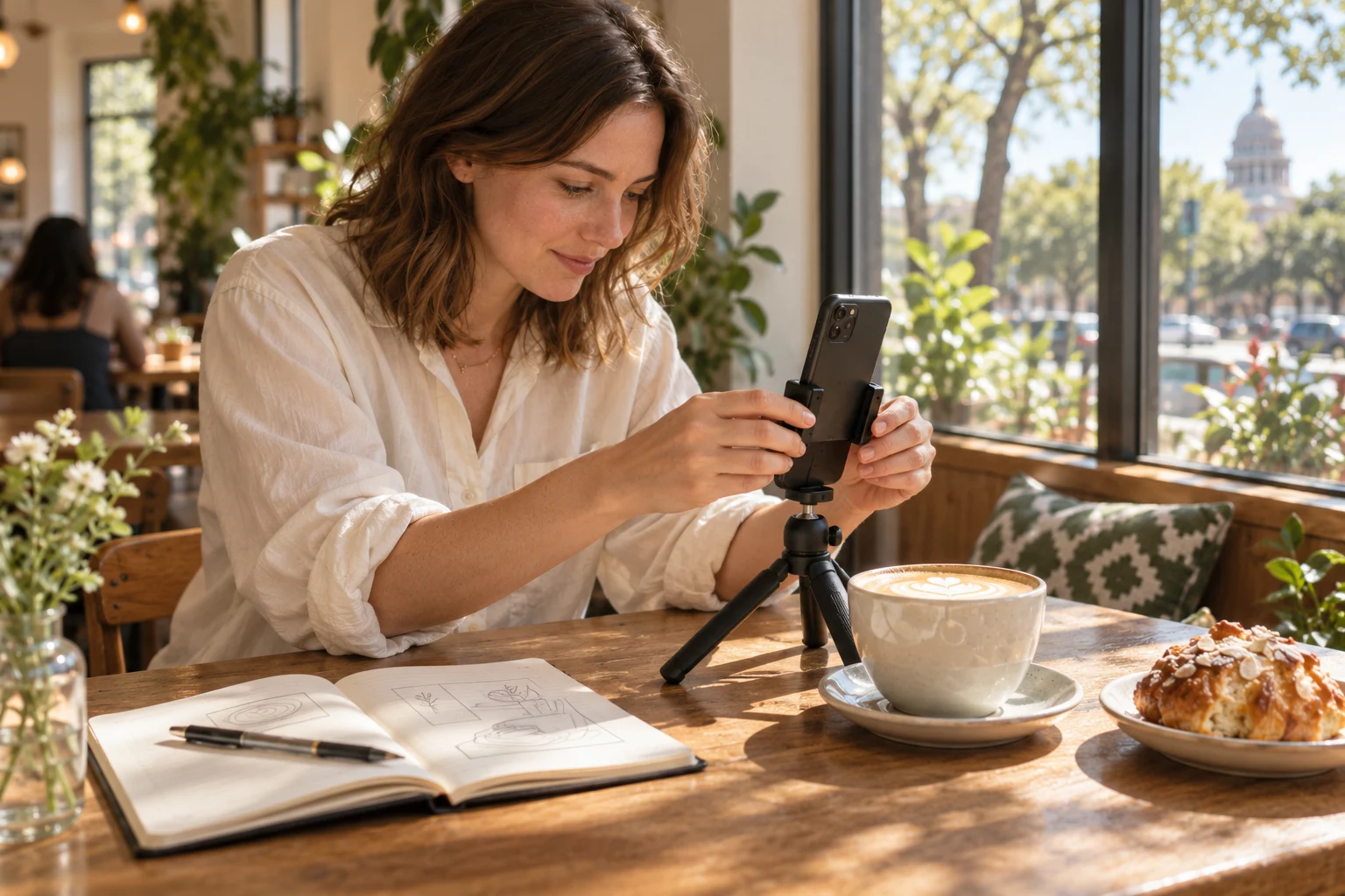 A creator arranging a phone and tripod for her café video